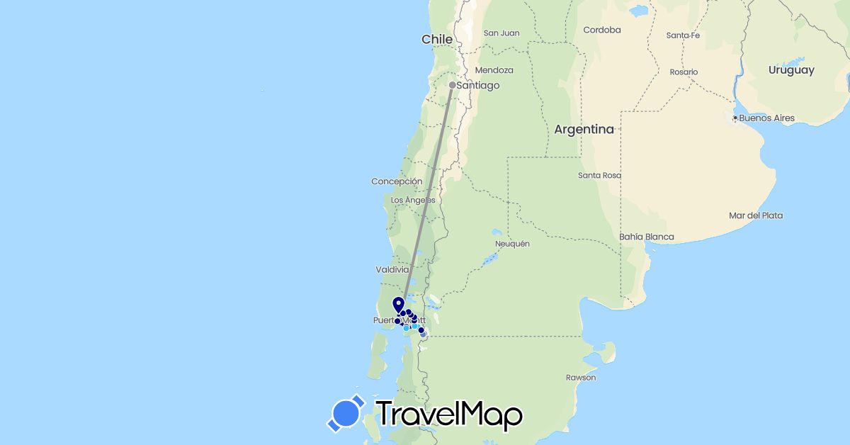 TravelMap itinerary: driving, plane, cycling, boat in Chile (South America)