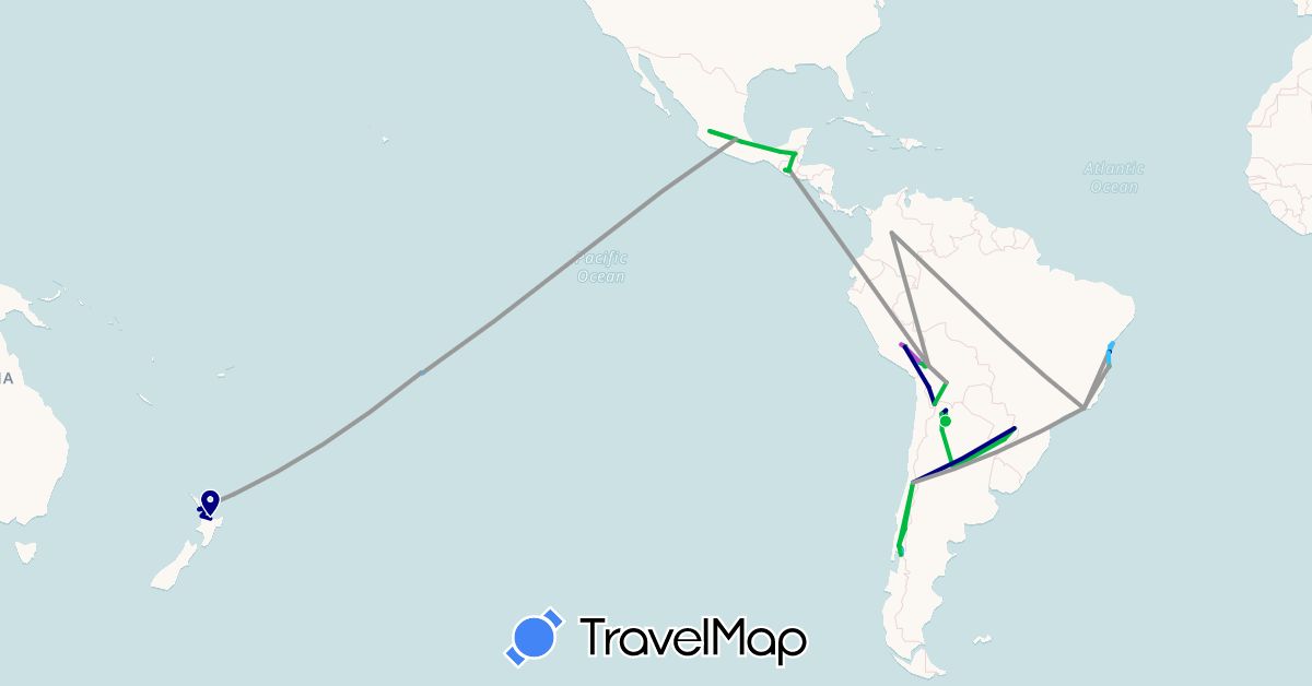 TravelMap itinerary: driving, bus, plane, train, hiking, boat in Argentina, Bolivia, Brazil, Chile, Colombia, Guatemala, Mexico, New Zealand, Peru, French Polynesia (North America, Oceania, South America)